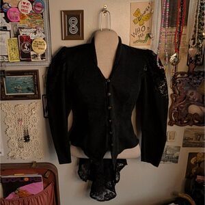 Vintage Lace Puff Sleeve Blazer Jacket Women's XS Black Ruffled Gothic Corset